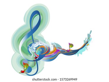 Abstract musical design with a treble clef and musical waves in the city. Hand drawn vector illustration.