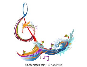 Abstract musical design with a treble clef and musical waves in the city. Hand drawn vector illustration.