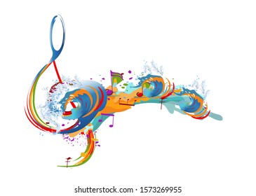 Abstract musical design with a treble clef and musical waves in the city. Hand drawn vector illustration.