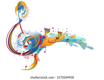 Abstract musical design with a treble clef and musical waves in the city. Hand drawn vector illustration.
