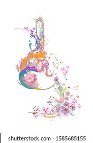 Abstract musical design with a treble clef and colorful splashes and waves. Hand drawn vector illustration.