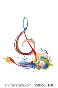 Abstract musical design with a treble clef and colorful splashes and waves. Hand drawn vector illustration.