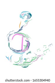 Abstract musical design with a treble clef and colorful splashes and waves. Hand drawn vector illustration.