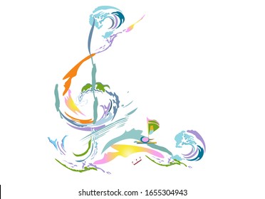 Abstract musical design with a treble clef and colorful splashes and waves. Hand drawn vector illustration.