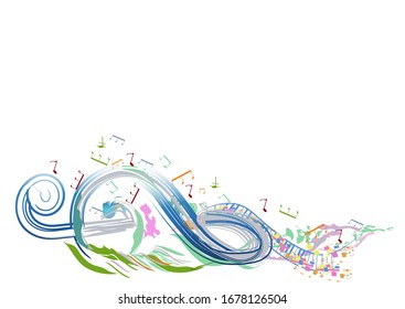 Abstract musical design with a treble clef and colorful splashes and waves. Hand drawn vector illustration.