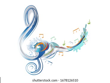 Abstract musical design with a treble clef and colorful splashes and waves. Hand drawn vector illustration.