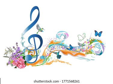 Abstract musical design with a treble clef and colorful splashes, notes and waves. Colorful treble clef. Hand drawn vector illustration.