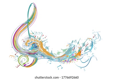 Abstract musical design with a treble clef and colorful splashes, notes and waves. Colorful treble clef. Hand drawn vector illustration.