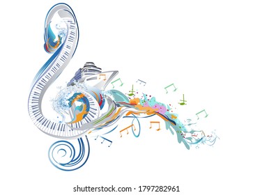 Abstract musical design with a treble clef and colorful splashes, notes and waves. Ship on the musical wave. Colorful treble clef. Hand drawn vector illustration.