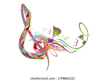 Abstract musical design with a treble clef and colorful splashes, notes and waves.  Hand drawn vector illustration.