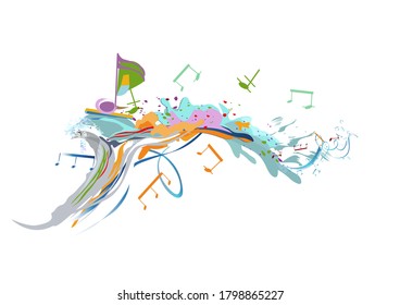 Abstract musical design with a treble clef and colorful splashes, notes and waves.  Hand drawn vector illustration.