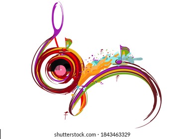 Abstract musical design with a treble clef and colorful splashes, notes and waves. Colorful treble clef. Hand drawn vector illustration.