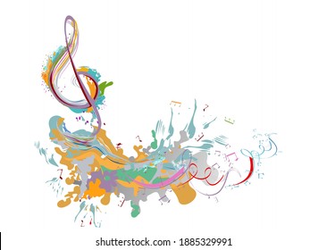 Abstract musical design with a treble clef and colorful splashes, notes and waves. Colorful treble clef. Hand drawn vector illustration.