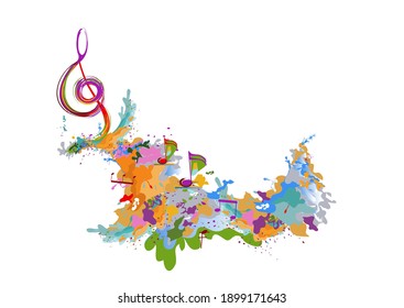 Abstract musical design with a treble clef and colorful splashes, notes and waves. Colorful treble clef. Hand drawn vector illustration.