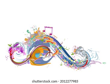 Abstract musical design with a treble clef and colorful splashes, notes and waves. Colorful treble clef. Hand drawn vector illustration.