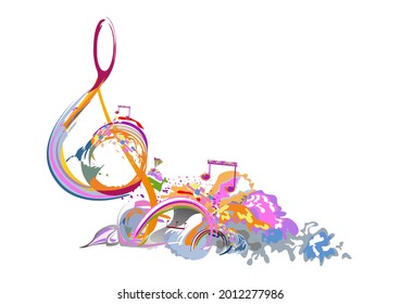 Abstract musical design with a treble clef and colorful splashes, notes and waves. Colorful treble clef. Hand drawn vector illustration.
