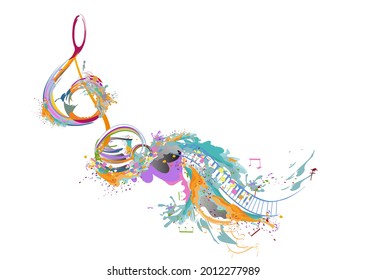 Abstract musical design with a treble clef and colorful splashes, notes and waves. Colorful treble clef. Hand drawn vector illustration.