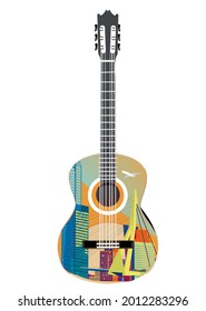 Resumen de diseño musical con un trébol y olas musicales en la ciudad. Ilustración vectorial dibujada a mano.