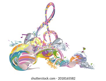 Abstract musical design with a treble clef and colorful splashes, notes and waves. Colorful treble clef. Hand drawn vector illustration.