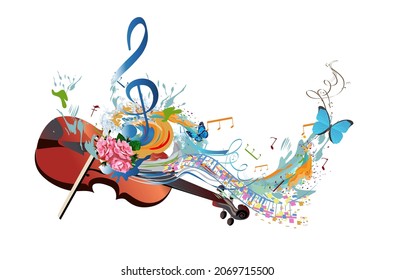 Abstract musical design with a treble clef and colorful splashes, notes and waves.  Violin and colorful treble clef. Hand drawn vector illustration.