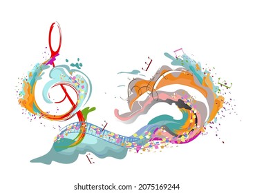 Abstraktes musikalisches Design mit einem Dreifach-Klecks und bunten Splash, Noten und Wellen.  Farbiger Baumsteil. Handgezeichnete Vektorgrafik.