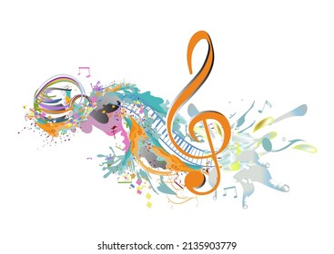 Abstract musical design with a treble clef and colorful splashes, notes and waves.  Colorful treble clef. Hand drawn vector illustration.