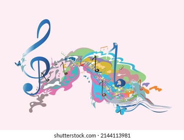 Resumen de diseño musical con un trébol y coloridos salpicaduras, notas y olas. Colorido trinquete. Ilustración vectorial dibujada a mano.