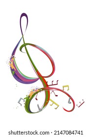 Abstract musical design with a treble clef and colorful splashes, notes and waves.  Colorful treble clef. Hand drawn vector illustration.