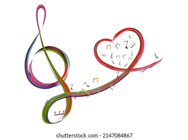 Abstract musical design with a treble clef and colorful splashes, notes and waves.  Colorful treble clef. Hand drawn vector illustration.