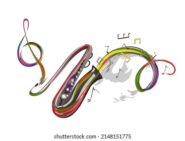 Abstract musical design with a treble clef and colorful splashes, notes and waves.  Colorful treble clef and a trumpet. Hand drawn vector illustration.