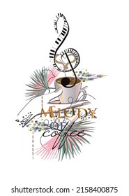 Abstract musical design with a  treble clef and hands with a cup coffee, spots and palm leaves.  Hand drawn vector illustration.