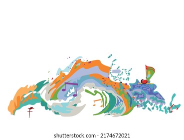 Abstract musical design with a treble clef and colorful splashes, notes and waves. Colorful treble clef. Hand drawn vector illustration.