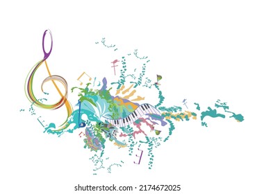 Abstract musical design with a treble clef and colorful splashes, notes and waves. Colorful treble clef. Hand drawn vector illustration.