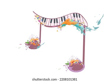 Abstract musical design with a treble clef and colorful splashes, notes and waves.  Colorful treble clef. Hand drawn vector illustration.