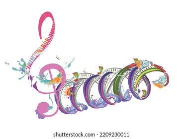 Abstract musical design with a treble clef and colorful splashes, notes and waves.  Colorful treble clef. Hand drawn vector illustration.