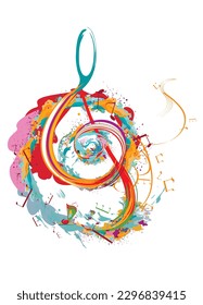 Abstract musical design with a treble clef and colorful splashes, notes and waves.  Colorful treble clef. Hand drawn vector illustration.