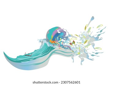 Abstraktes musikalisches Design mit einem Dreifach-Klecks und bunten Splash, Noten und Wellen.  Farbiger Baumsteil. Handgezeichnete Vektorgrafik.
