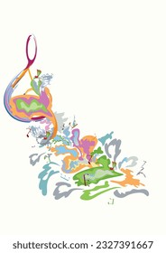 Resumen de diseño musical con un trébol y coloridos salpicaduras, notas y olas. Colorido trinquete. Ilustración vectorial dibujada a mano.