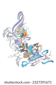 Abstract musical design with a treble clef and colorful splashes, notes and waves. Colorful treble clef. Hand drawn vector illustration.