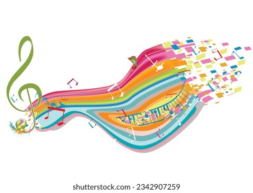 Abstract musical design with a treble clef and colorful splashes, notes and waves.  Colorful treble clef. Hand drawn vector illustration.