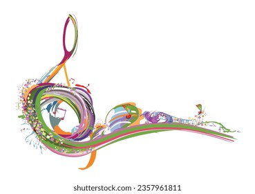Abstract musical design with a treble clef and colorful splashes, notes and waves. Colorful treble clef. Hand drawn vector illustration.