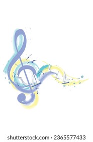 Abstract musical design with a treble clef and colorful splashes, notes and waves.  Colorful treble clef. Hand drawn vector illustration.