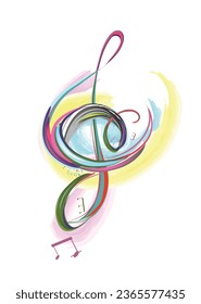 Resumen de diseño musical con un trébol y coloridos salpicaduras, notas y olas.  Colorido trinquete. Ilustración vectorial dibujada a mano.