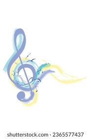 Abstract musical design with a treble clef and colorful splashes, notes and waves.  Colorful treble clef. Hand drawn vector illustration.