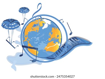 Abstract musical design with a treble clef and Planet Earth, colorful splashes, notes and waves.  Planet musicf. Hand drawn vector illustration.