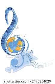 Abstract musical design with a treble clef and Planet Earth, colorful splashes, notes and waves.  Planet musicf. Hand drawn vector illustration.