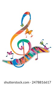 Abstract musical design with a treble clef and colorful notes and butterflies.  Colorful treble clef. Hand drawn vector illustration.