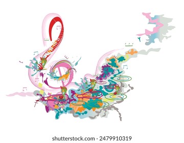 Abstract musical design with a treble clef and colorful splashes, notes and waves.  Rainy light music. Hand drawn vector illustration.