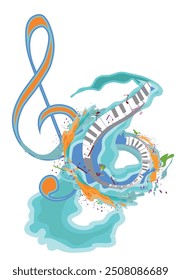 Abstractas diseño musical con una clave de agudos y salpicaduras de colores, notas y ondas.  Colorido agudo clef. Ilustración vectorial dibujada a mano.