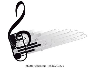 Abstract musical design with a treble clef and musical waves, piano notes. Hand drawn vector illustration.
